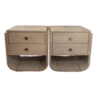 Modern Linen Wrapped Wood and Shellac 2 Drawer Nightstands With Metal Accents by Hooker Furniture Co, Signed a Pair For Sale