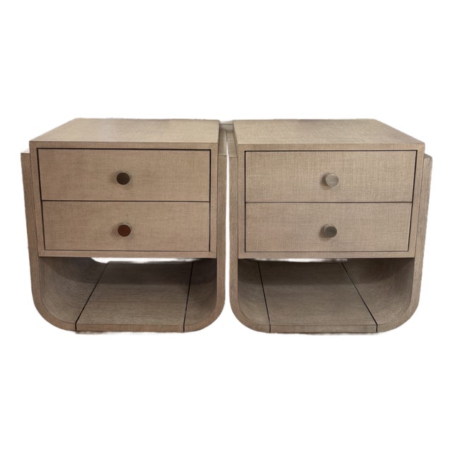 Modern Linen Wrapped Wood and Shellac 2 Drawer Nightstands With Metal Accents by Hooker Furniture Co, Signed a Pair For Sale