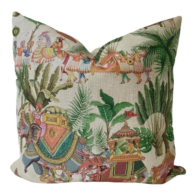 Colorful Elephant Toile Pillow Cover with Tropical Palm Parade Scene For Sale