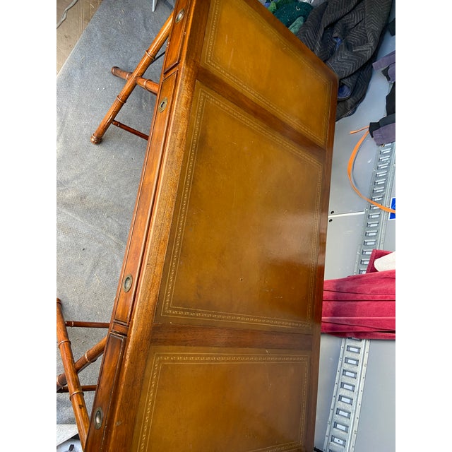 Vintage Campaign Distressed Leather Top Bamboo Executive Desk by Drexel Heritage For Sale In Sacramento - Image 6 of 18