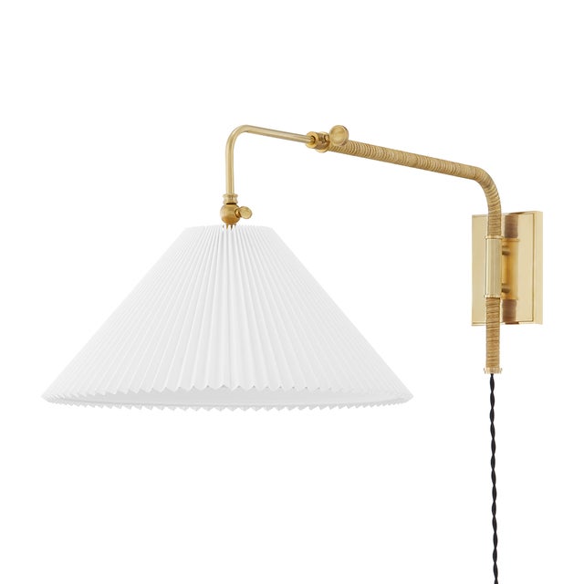 Transitional Hudson Valley Lighting Mark D. Sikes Dorset Rattan Wrapped 1-Light Plug In Wall Sconce with Pleated Shade For Sale - Image 3 of 3