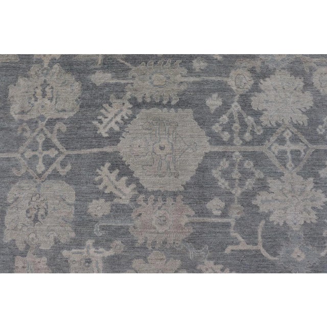 Cornflower Blue Modern Oushak With Large Floral Motifs With Cream Blue and Steel Blue For Sale - Image 8 of 12