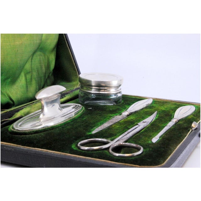 Silver Manicure Set with Hard Case and Green Velvet Interior, Set of 5 For Sale - Image 5 of 7