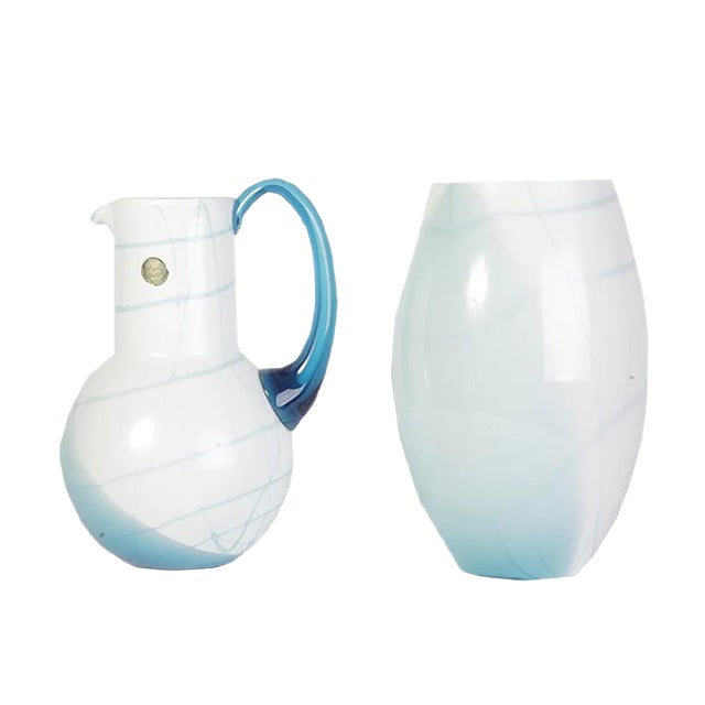 Blue and White Glass Vase and Jug Set from Bohemia Crystal, 1990s, Set of 2 For Sale