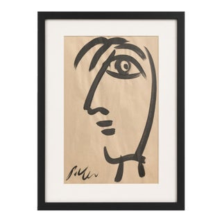 Late 20th Century Framed Peter Keil Picasso-Style Line Portrait — Abstract Face Drawing in Black Frame For Sale