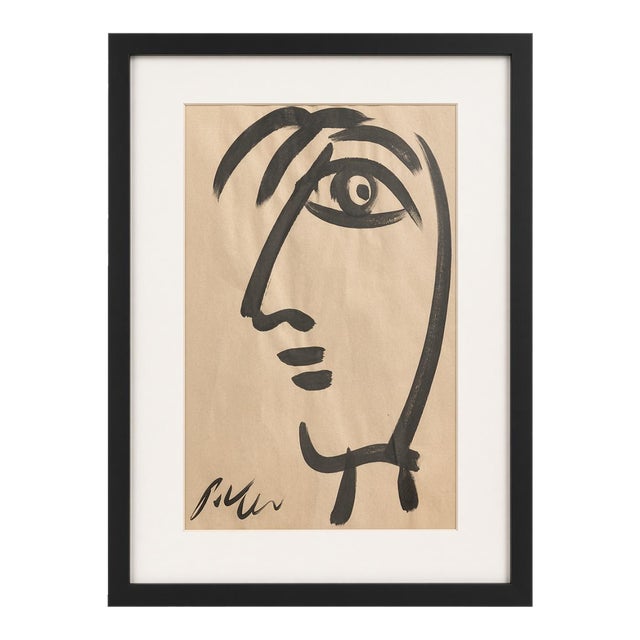 Late 20th Century Framed Peter Keil Picasso-Style Line Portrait — Abstract Face Drawing in Black Frame For Sale