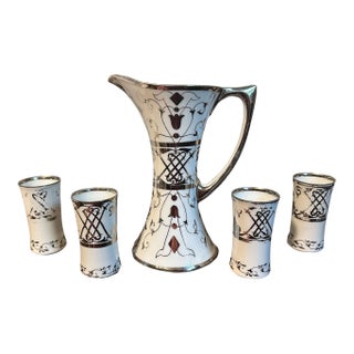 Antique Art Nouveau Hutschenreuther Silver Overlay Porcelain Pitcher & 4 Glasses - Bavaria For Sale