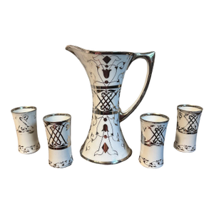 Antique Art Nouveau Hutschenreuther Silver Overlay Porcelain Pitcher & 4 Glasses - Bavaria