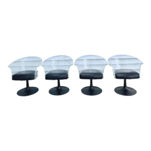 Modern Space Age Swivel Dining/Conference Chairs | Lucite + Black Leather With Black Tulip Base | Set of 4