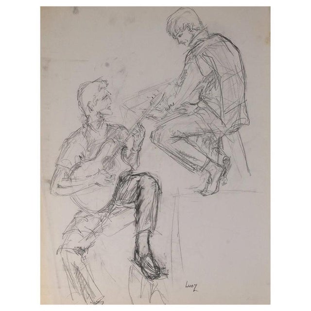 Evelyne Luez, Two Musicians, 20th Century, Pencil on Paper For Sale - Image 9 of 9