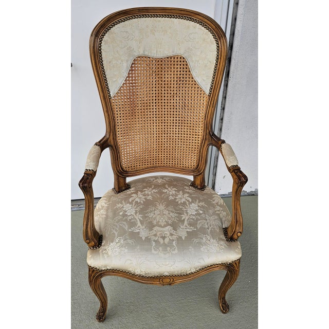 Late 20th Century Louis XV Style Brass Nail Studded, Caned and Partial Upholstered Fauteuil For Sale - Image 4 of 11