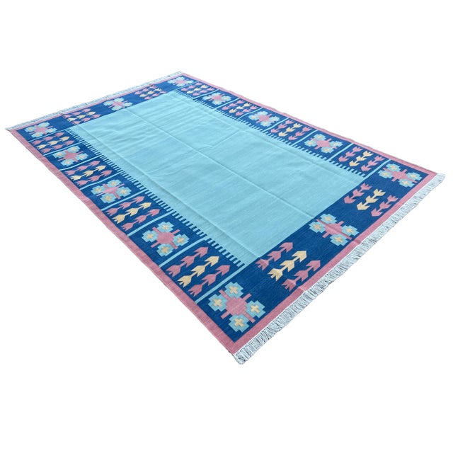 Mid-Century Modern Not Yet Made - Made To Order Handmade Cotton Natural Vegetable Dyed Reversible Green Blue Pink Leaf Pattern Rug Dhurrie - 9'x12' For Sale - Image 3 of 11