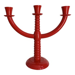 Mid 20th Century Scandinavian Red Lacquered Wood Candelabra Made in Finland For Sale