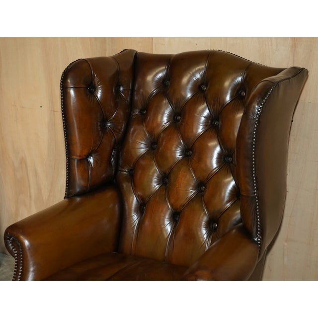 Mid 20th Century Vintage Pair of Chesterfield Chestnut Brown Leather Wingback Armchairs & Footstools For Sale - Image 5 of 18
