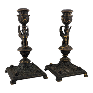 Ultra Rare 19th Century Egyptian Revival Gilt Bronze Sphinx Candlestick Holders