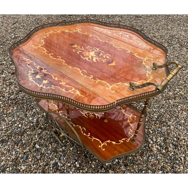 Italian Italian Rolling Bar Cart Trolley Marquetry Wood Inlay Sides Fold Up Brass Galleries For Sale - Image 3 of 6