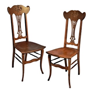 Pair Antique Quarter Sawn Oak Chairs Art Nouveau Carved Backs Tiger Oak C1900 For Sale