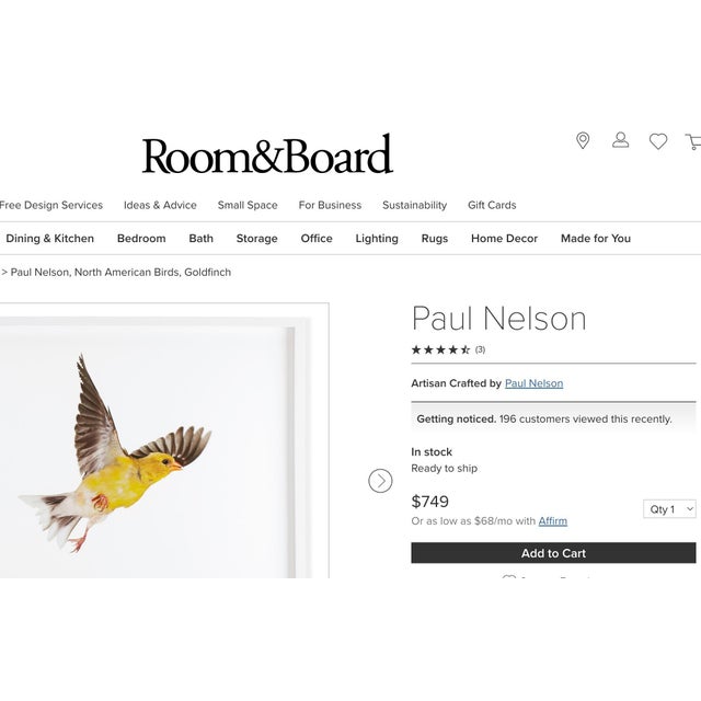 Room & Board Contemporary Paul Nelson Bird Art Photos (3) For Sale - Image 4 of 5
