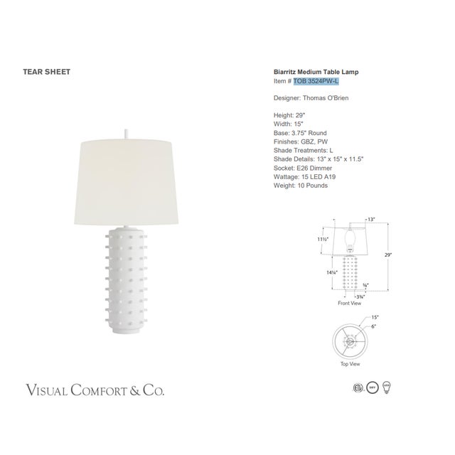 Thomas O'Brien by Visual Comfort Signature Biarritz Medium Table Lamp in Plaster White with Linen Shade Designer: Thomas...