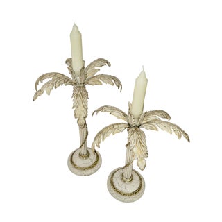 Vintage Hollywood Regency Metal Palm Tree Candle Holders, a Pair For Sale