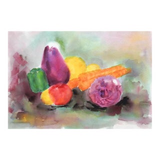Vintage Impressionist Still Life With Eggplant & Veggies Watercolor Painting For Sale