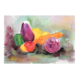 Vintage Impressionist Still Life With Eggplant & Veggies Watercolor Painting