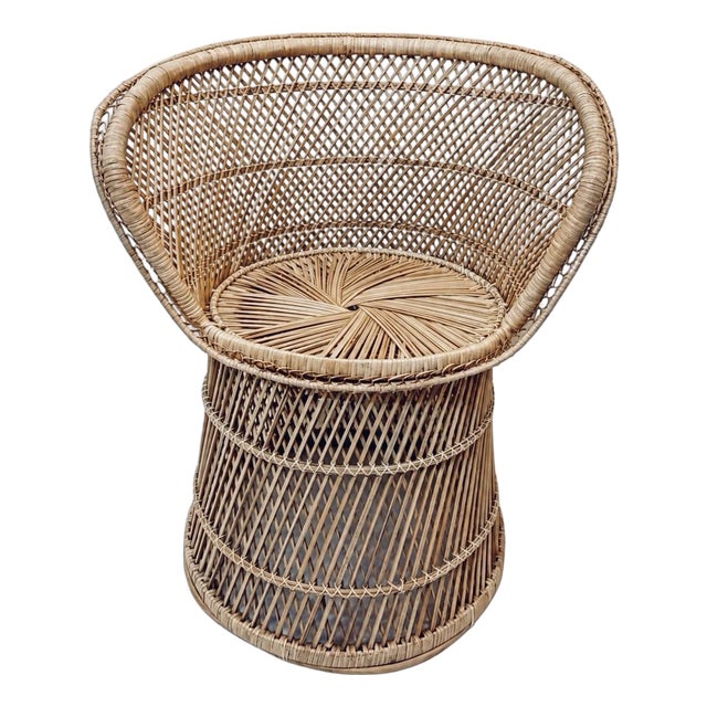 1970s Bohemian Rattan Peacock Style Barrel Chair With Pedestal Base For Sale