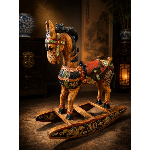 Vintage Southeast Asian Hand-Carved Painted Wood Rocking Horse Sculpture For Sale - Image 9 of 9