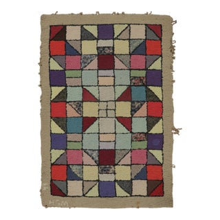 Antique Hooked Rug With Playful Geometric Grid in Multicolor - Rug & Kilim For Sale