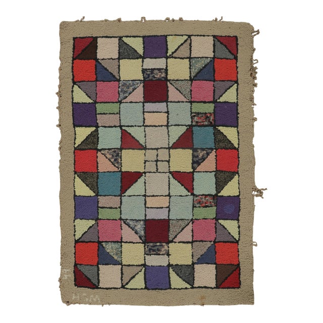 Antique Hooked Rug With Playful Geometric Grid in Multicolor - Rug & Kilim For Sale