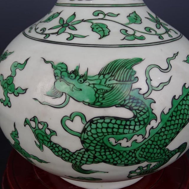 Ceramic Chinese Vintage Ceramic Vase,Ming Dynasty Xuande Marked Green Color Porcelain Tianqiu Vase Hand Painted Dragon Pattern For Sale - Image 7 of 7