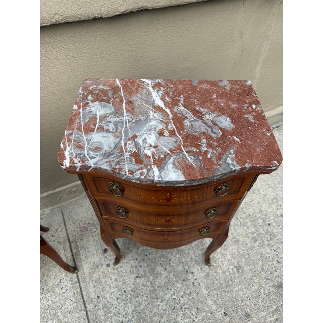 French Pair Vintage Louis XV Marble Top Nightstands | Hand-Painted Details | Brass Mounts For Sale - Image 3 of 8