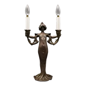Mid 20th Century Lucien Alliot French Art Nouveau Painted Bronze Spelter Figural Lamp