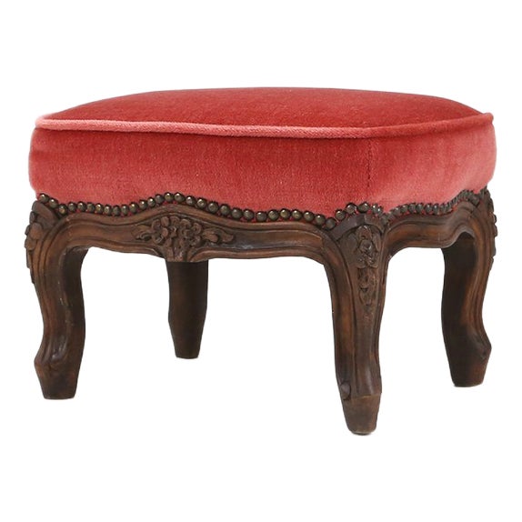 Baroque Ottoman in Carved Wood with Coral Velvet Upholstery, 1950s For Sale