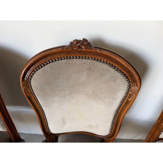 1970s Italian French Provincial Louis XV-Style Carved Wood & Suede Dining Chairs – Set of 4 For Sale - Image 10 of 12
