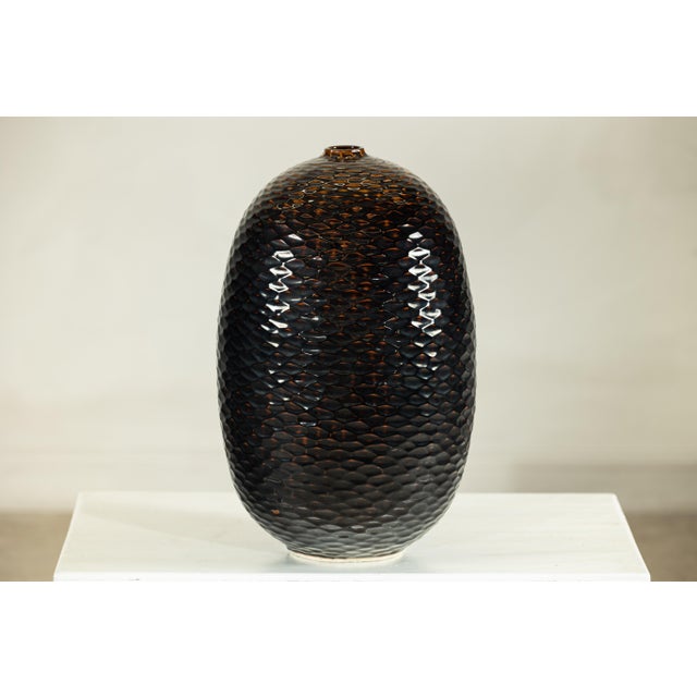 Contemporary Artisan Large Honeycomb-Textured Ceramic Vase in Deep Brown and Black Glaze For Sale - Image 3 of 18
