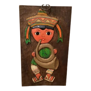 Early 20th Century Modern Mexican Portrait Boy Carved & Painted Wall Panel