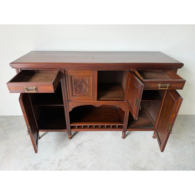 Traditional Antique Edwardian Solid Mahogany Carved Buffet / Sideboard Cabinet With Floral Motifs For Sale - Image 3 of 12
