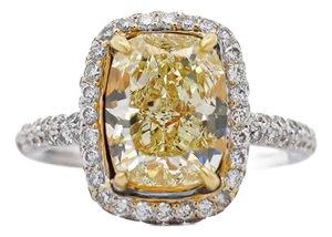 4.36 Carat Elongated Cushion Yellow Diamond Halo 18k Engagement Ring