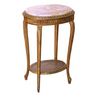 19th C. French Louis XV Gilt Guéridon Side Table With Marble Top and Cane Shelf For Sale