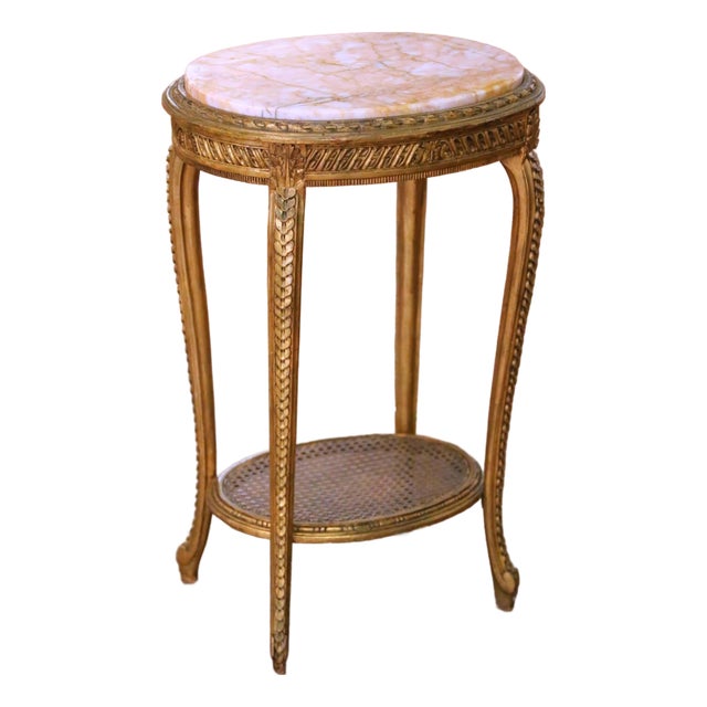 19th C. French Louis XV Gilt Guéridon Side Table With Marble Top and Cane Shelf For Sale