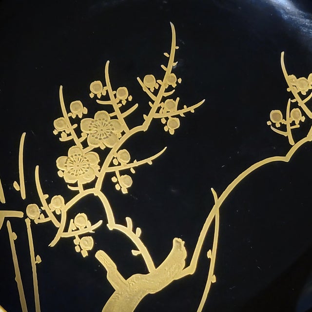 Set of Six Vintage Black Maki-E Lacquer Art Kyoto Japan Decorative Plates Hand Painted Gold Botanical Floral Patterns For Sale - Image 17 of 18