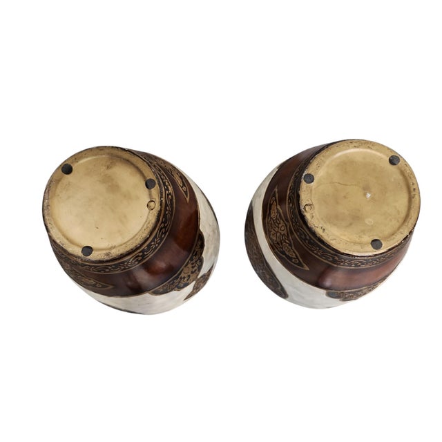 Vintage Pair Urn Shaped Mandala Pattern Mother of Pearl Shell Vases For Sale - Image 4 of 6