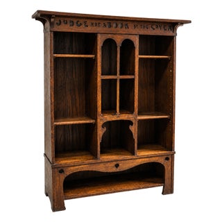 English Arts & Crafts Oak Bookcase by the Cover Motto, 1890s For Sale