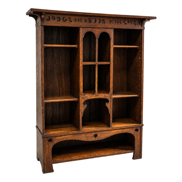 English Arts & Crafts Oak Bookcase by the Cover Motto, 1890s For Sale
