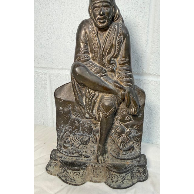 Antique Thick Gilt Bronze Figural Lord Sai Baba Idol Figurine Doorstop Statue For Sale - Image 4 of 9