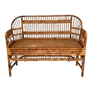 English Chinoiserie Brighton Pavillion Burnt Bamboo Arm Settee or Bench With Cane Seat For Sale