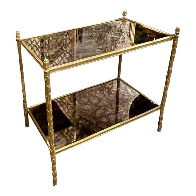 Italian Gilt Bronze Bagues Manner Side Tables With Eglomise’ Mirror Tops For Sale