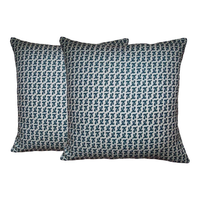 Bird's Feet Pillows – Teal Navy, Hand-Printed Cotton-Linen- Set of 2 For Sale