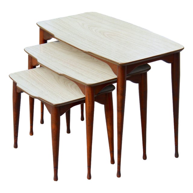 1960s Vintage Mid-Century Modern Nesting Tables – Set of 3 With Beige Tops & Tapered Maple/Beech Wood Legs For Sale